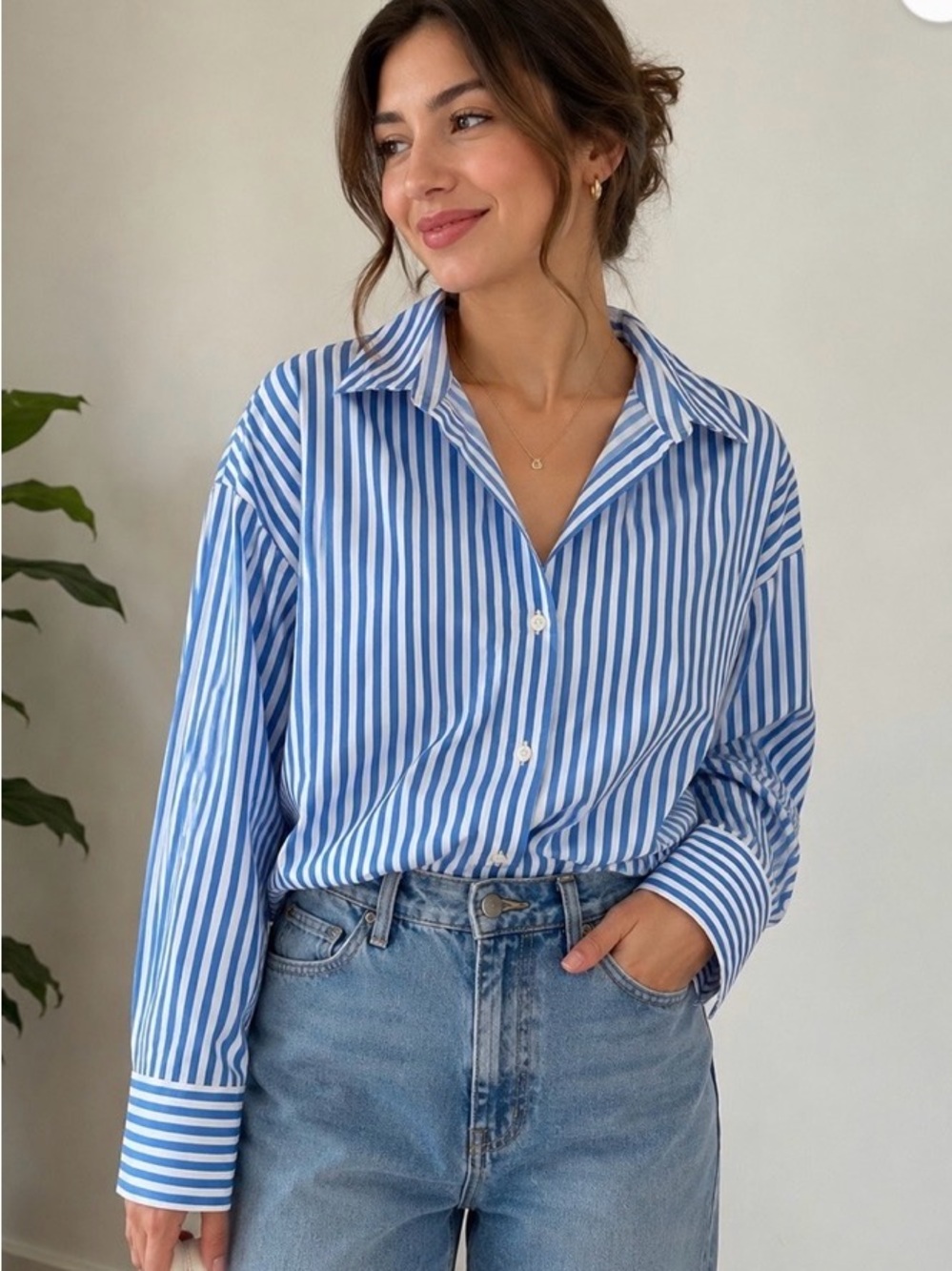 Zara Blue and White Vertical-Stripe Button-Down Shirt
